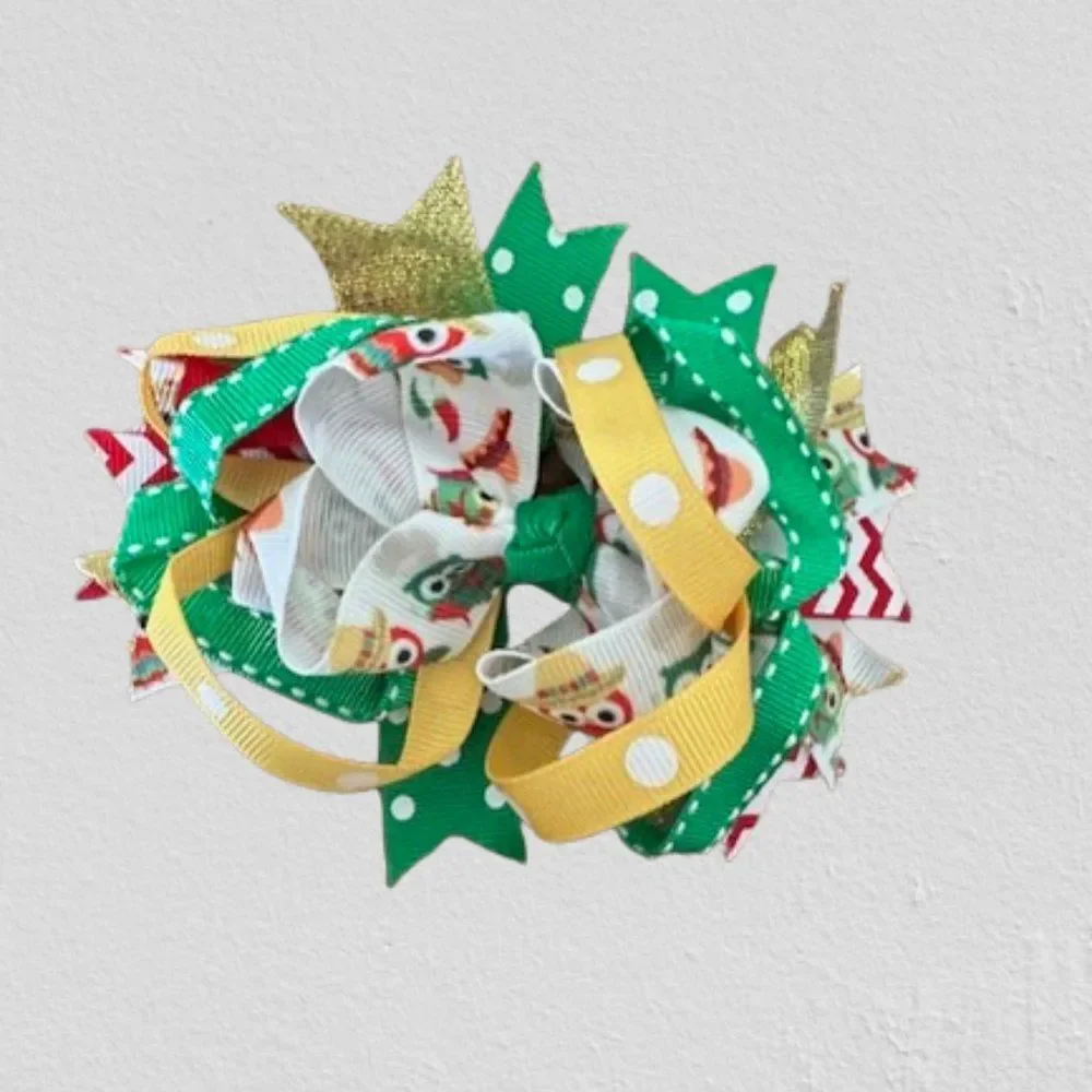 Yellow & Green Owls Boutique Deluxe Bow 5B4548  Handmade Boutique